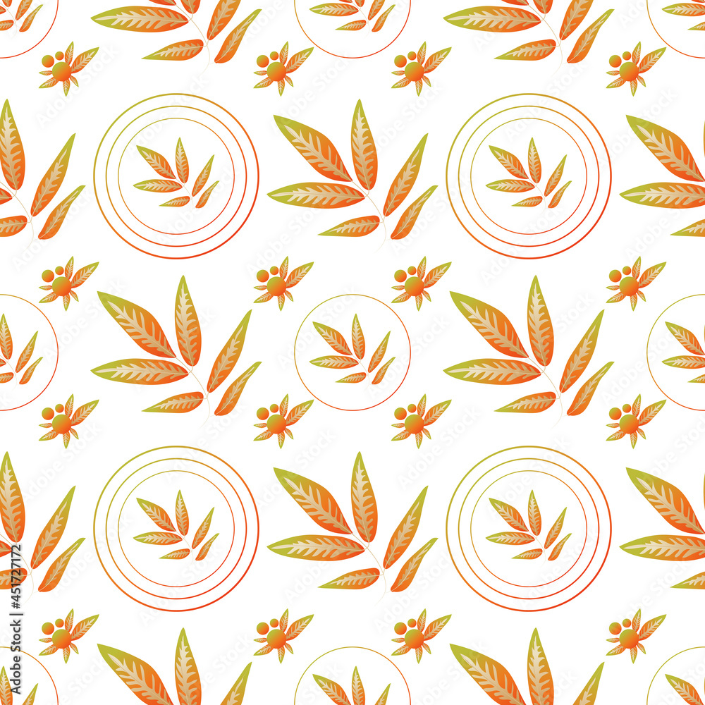 Poster autumn leaves pattern seamless. abstract fall twigs with leaves in geometric circles endless ornate 