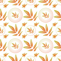 Autumn leaves pattern seamless. Abstract fall twigs with leaves in geometric circles endless ornate backdrop. Seasonal forest leafage at botanical wallpaper. Vector illustration with floral texture