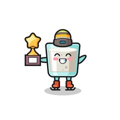 milk cartoon as an ice skating player hold winner trophy