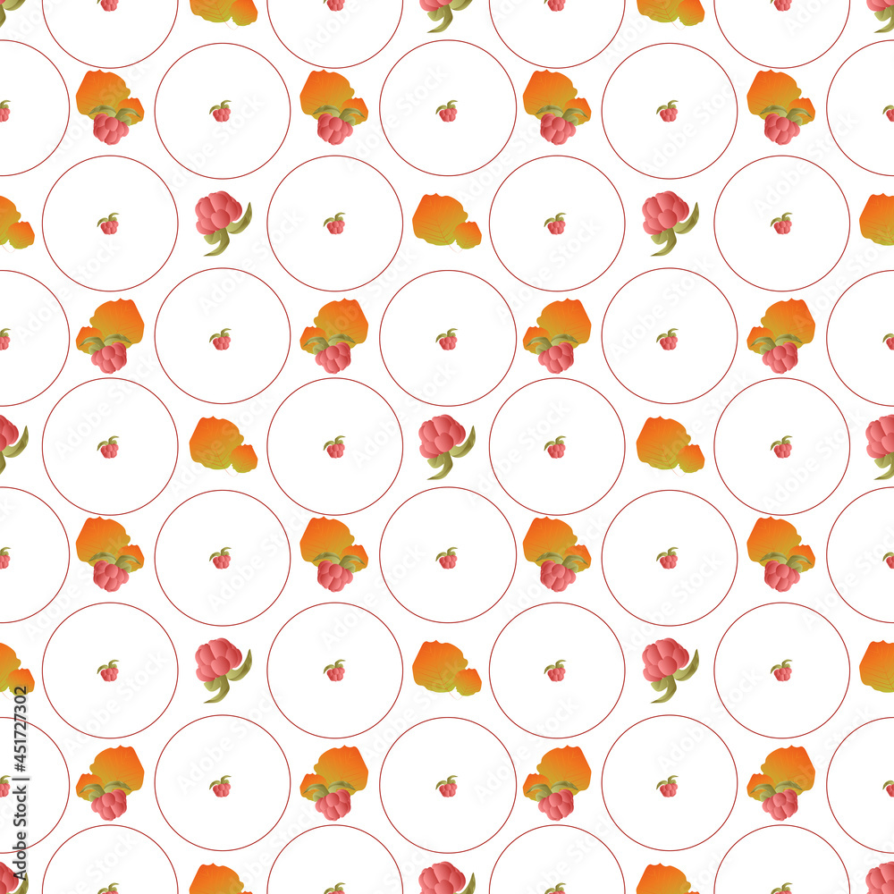Poster Autumn leaves pattern seamless. Abstract raspberry berries and orange leaves in circle tiles endless ornate backdrop. Seasonal leafage at botanical wallpaper. Vector illustration with floral texture
