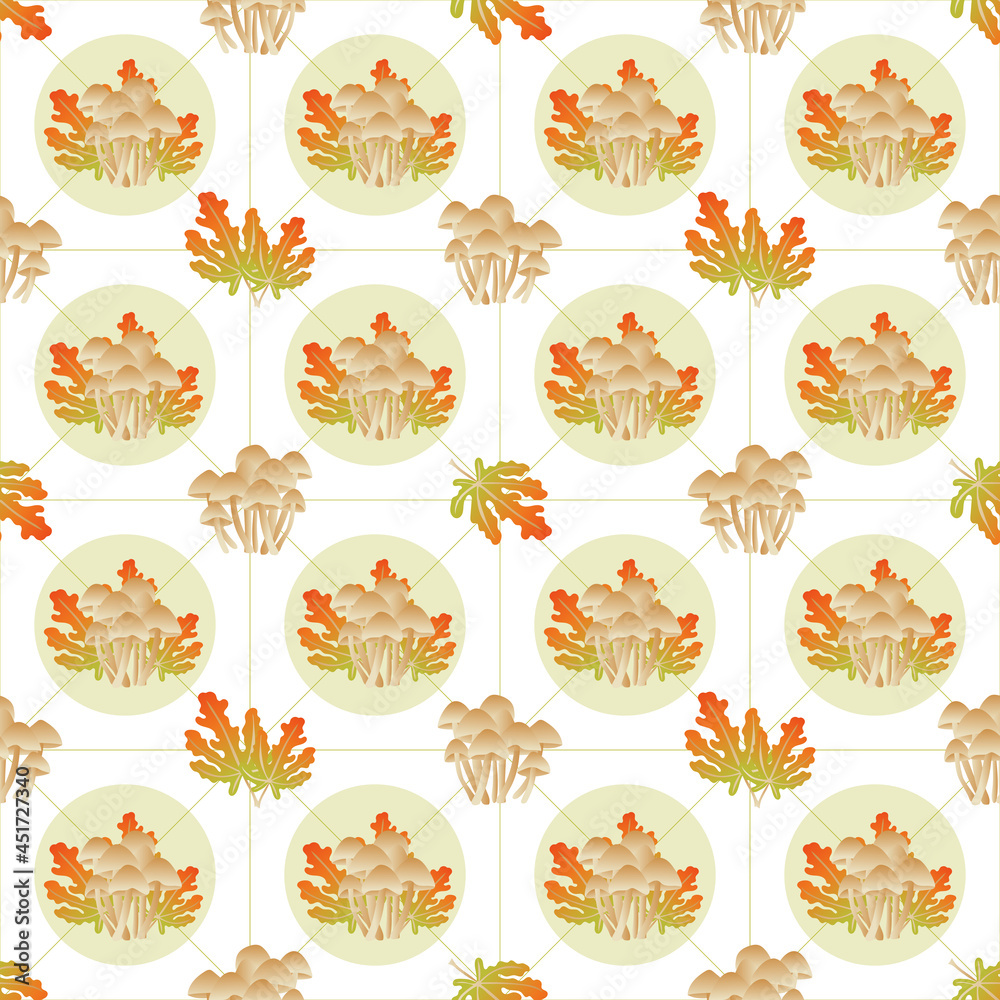 Poster autumn leaves pattern seamless. abstract mushrooms and autumn leaves in circle shapes at endless orn