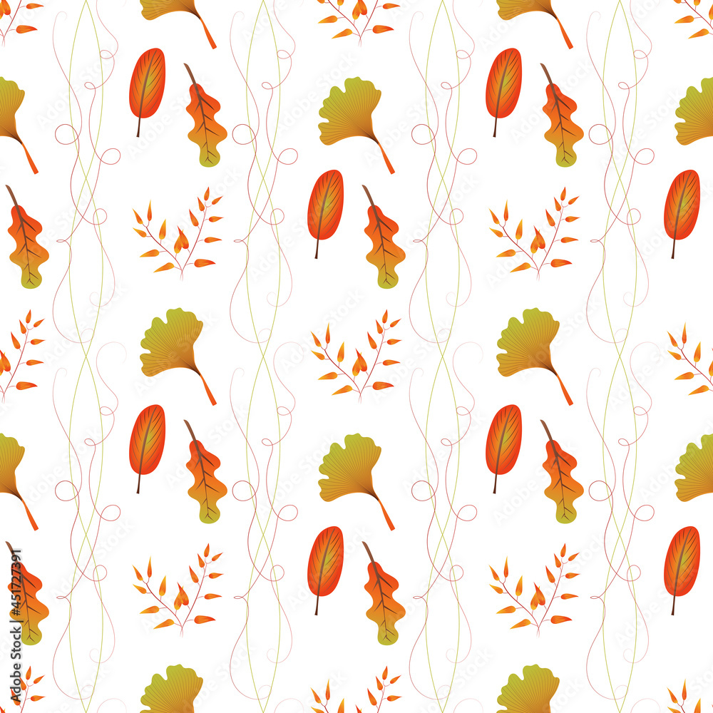 Aufkleber autumn leaves pattern seamless. abstract fall tree leaves and curls of herbs at endless ornate backd