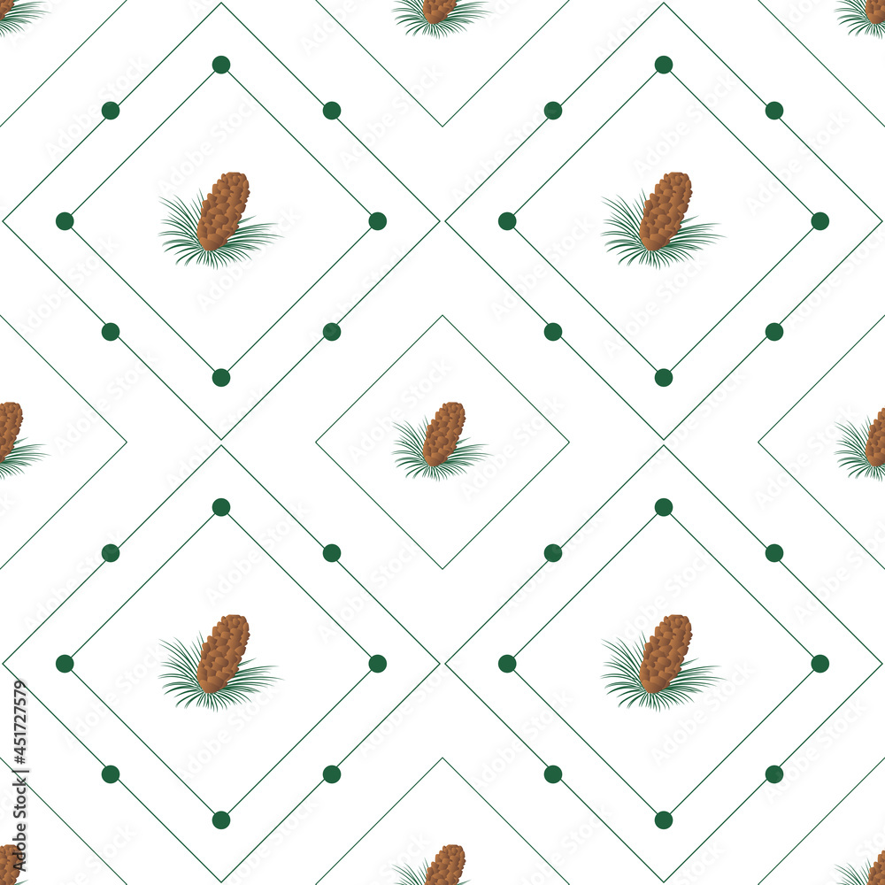 Aufkleber autumn leaves pattern seamless. pine cones and needles in square geometric tiles at endless ornate b