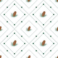 Autumn leaves pattern seamless. Pine cones and needles in square geometric tiles at endless ornate backdrop. Seasonal forest nature botanical wallpaper. Vector illustration with floral texture