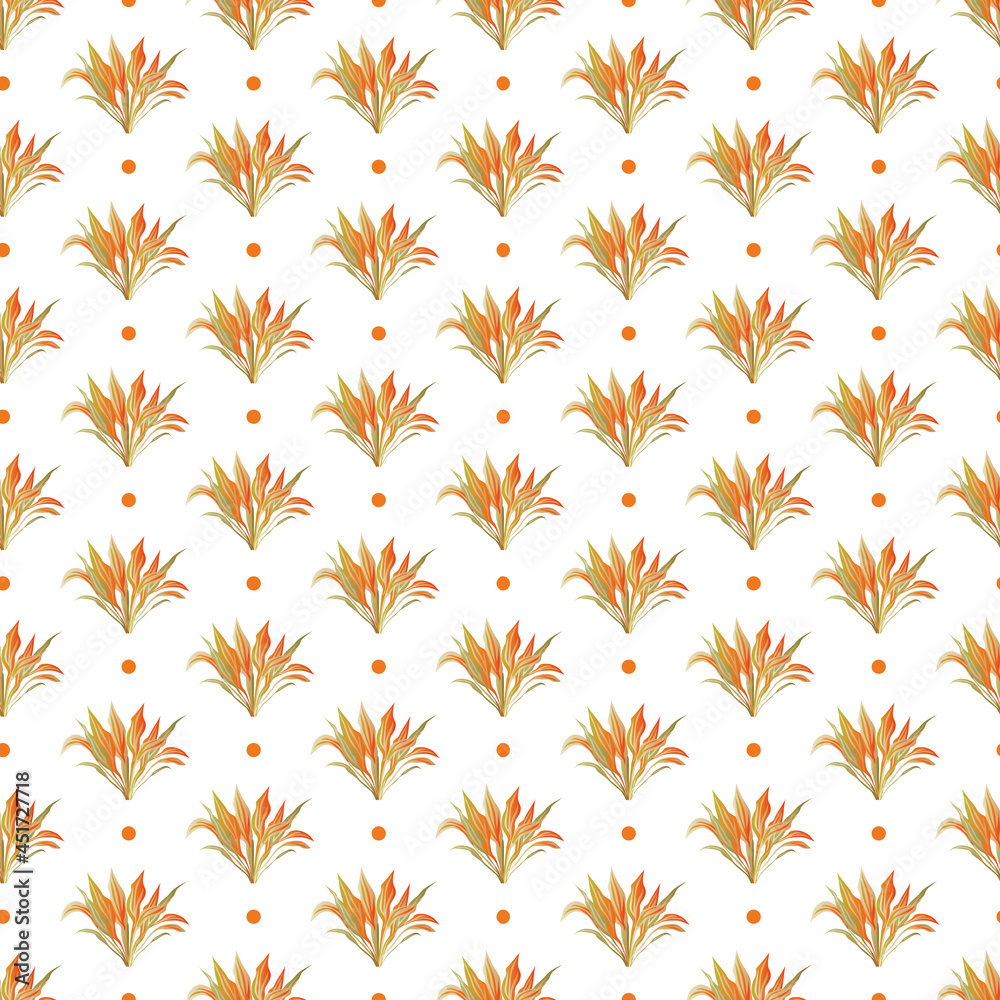 Poster autumn leaves pattern seamless. abstract orange foliage and grass on repeating endless ornate backdr