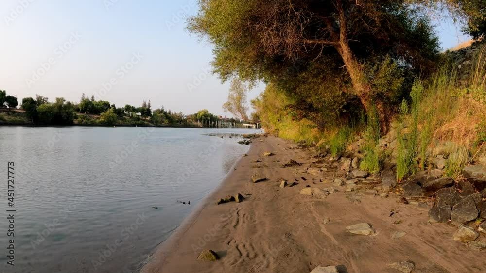 Poster Walking on shore of river next to levee