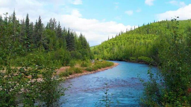 4K Drone Video (ascending shot) of Chena River at Angel Rocks Trailhead near Chena Hot Springs Resort in Fairbanks, Alaska