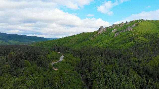 4K Drone Video of Mountains above Chena River at Angel Rocks Trailhead near Chena Hot Springs Resort in Fairbanks, Alaska