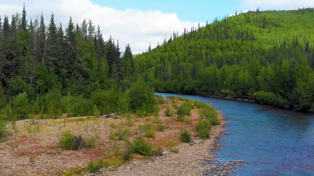 4K Drone Video (tighter truck right shot) of Chena River at Angel Rocks Trailhead near Chena Hot Springs Resort in Fairbanks, Alaska