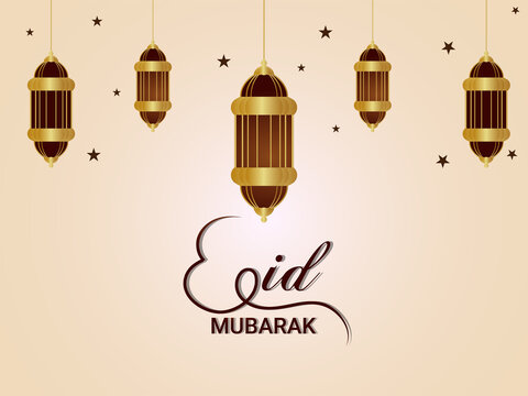 Eid mubarak celebration greeting card with vector illustration of golden lantern and moon