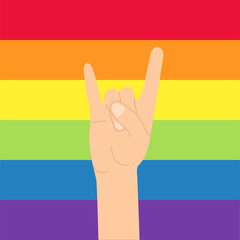 Rainbow lgbt colored raised up hand rock gesture vector illustration isolated. Gay pride. Gay, lesbian, bisexual people community rights. Concept of freedom of love, lgbtq community symbol