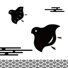 千鳥と青海波（和柄）。白地のベクターイラスト。日本の新年の縁起物。年賀状に最適。