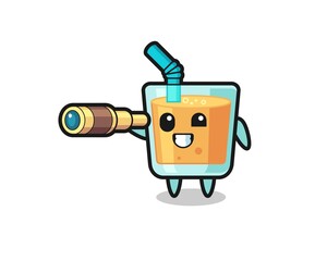 cute orange juice character is holding an old telescope