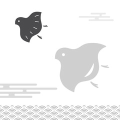 千鳥と青海波（和柄）。白地にグレーのベクターイラスト。日本の新年の縁起物。年賀状に最適。