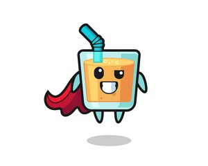 the cute orange juice character as a flying superhero