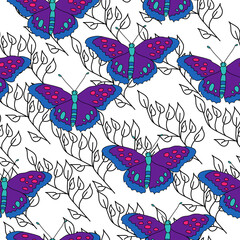 Seamless pattern of bright purple butterflies and gentle contour doodle twigs on a white background