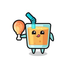 orange juice cute mascot is eating a fried chicken