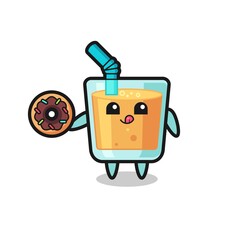 illustration of an orange juice character eating a doughnut
