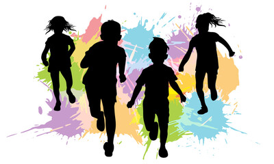 Silhouette of running children on background of color splash blot. Vector illustration