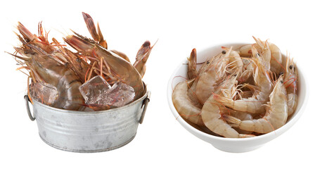 Group of raw shrimp on white background