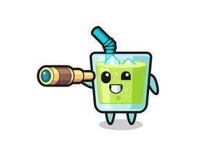 cute melon juice character is holding an old telescope