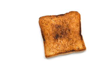 Slice of burned toasted bread, isolated burned toasted bread on white background, close-up image.