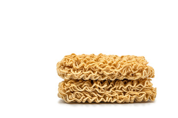 Stack of two instant noodles, side view, close-up image, isolated Instant noodles on white background.