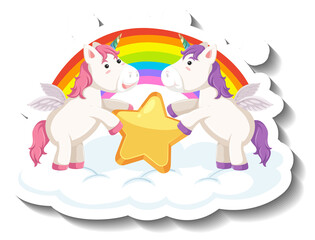 Two cute unicorns holding star together cartoon sticker