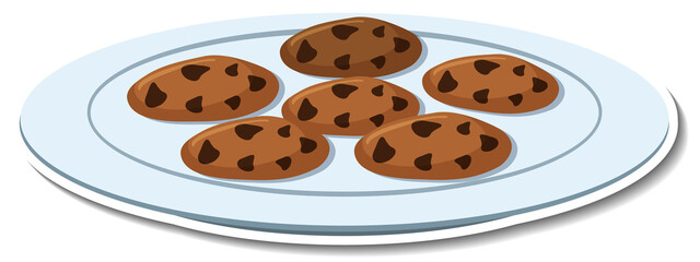 Obraz premium Chocolate chip cookies in plate sticker on white background