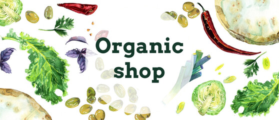Watercolor banner, food poster, quote Organic shop set. Vegan healthy eating, vegetables and herbs. Restaurant and cafe menu design. Peppers and leek for recipe. Raster stock illustration in realism.