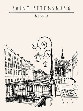 Vector Saint Petersburg, Russia postcard. The Church of the Savior on Spilled Blood on Griboedov Canal. Historical buildings travel sketch. Hand drawn illustration