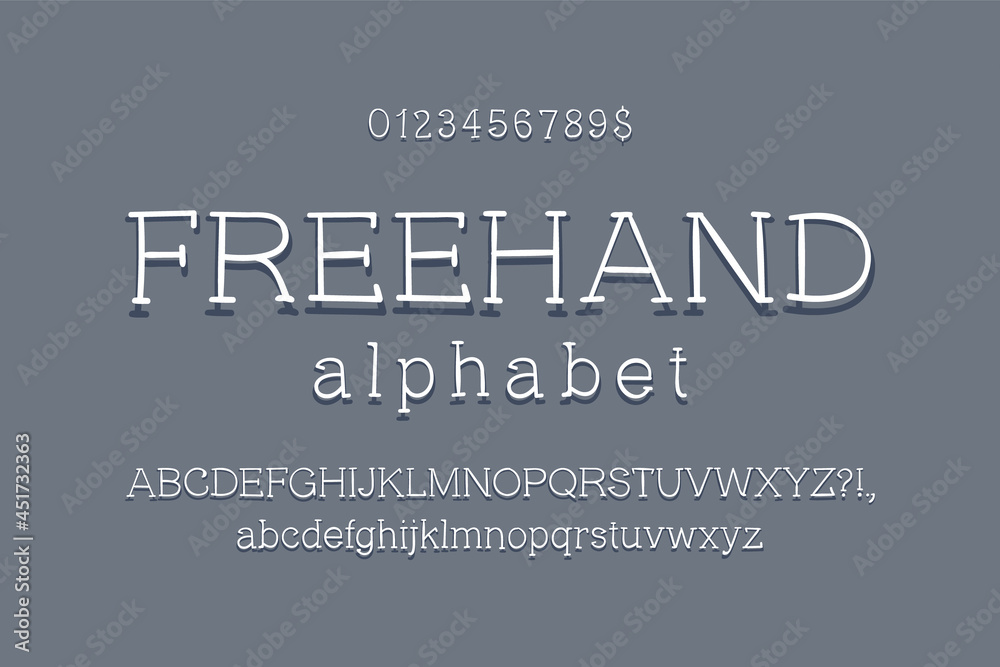 Fototapete freehand serif font with shadow. artistic alphabet of uppercase and lowercase letters, numbers and p