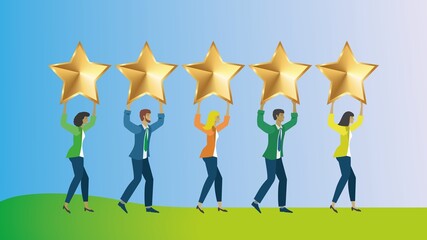 Improve business concept. Evaluation, survey. People walking with five golden stars. Business success and rating. Vector illustration. Dimension 16:9. EPS10.