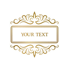 Golden vintage frame with curly ornaments for any short text. Elegant label template, greeting card or book cover design.