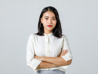 Woman in smart casual portrait white background.