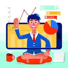 Illustration of Male Worker Working from Home, giving online presentation, online classes, remote working