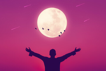 Fototapeta na wymiar Man raise hand up on sunset sky and birds fly with full moon abstract background. Copy space of freedom travel adventure and business victory concept.