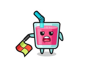 strawberry juice character as line judge hold the flag down at a 45 degree angle