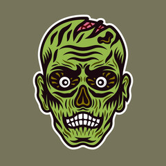 Zombie head vector illustration in colorful cartoon style isolated on light green background