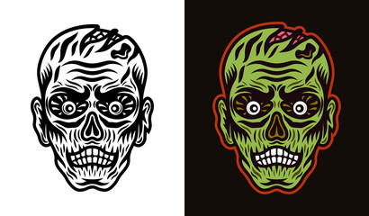 Zombie head vector illustration in two styles black on white and colorful on dark background