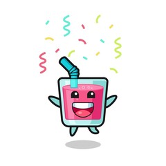 happy strawberry juice mascot jumping for congratulation with colour confetti