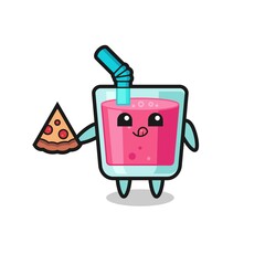 cute strawberry juice cartoon eating pizza