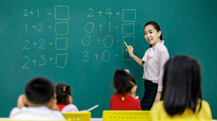 Portrait shot of Asian beautiful female mathematic tutor standing smiling holding chalk writing...