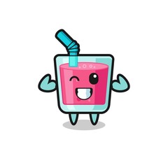 the muscular strawberry juice character is posing showing his muscles