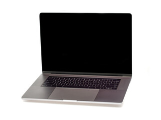 Hightech flat silver luxury notebook computer with lid open is display in isolated background
