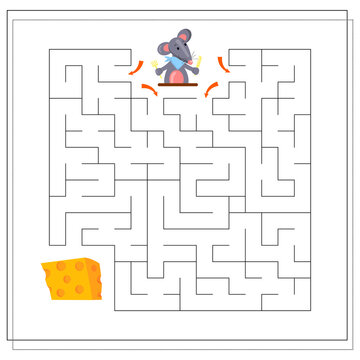 A logical game for children, help the rat to pass the maze and get to the cheese. vector isolated on a white background