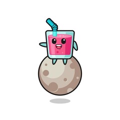 illustration of strawberry juice cartoon sitting on the moon