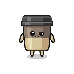 the mascot of the coffee cup with sceptical face