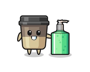 cute coffee cup cartoon with hand sanitizer