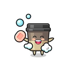 coffee cup character is bathing while holding soap